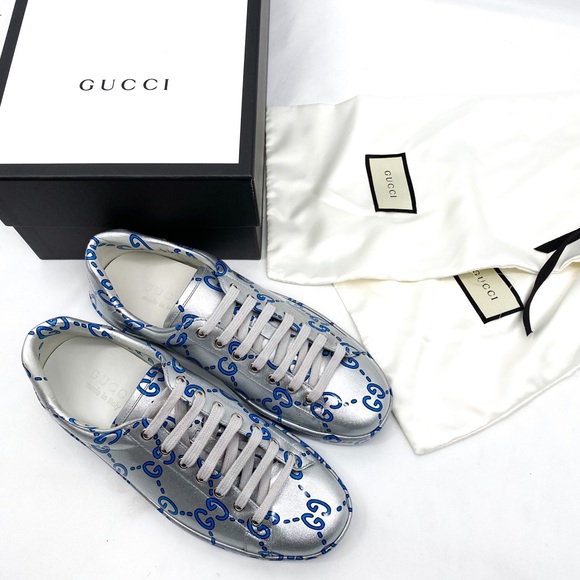 GUCCI Ace GG Coated Leather Sneakers Silver Mens - Picture 13 of 14
